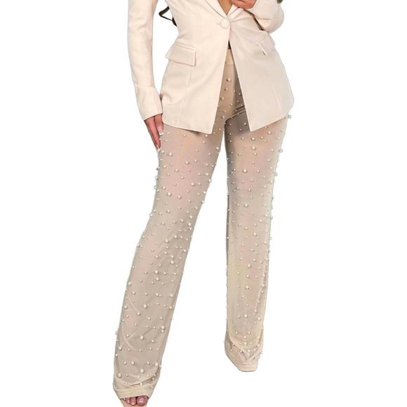 NEW MB FASHION WHOLESALE sophie wide-leg pearl beaded sheer pants in beige - Picture 1 of 2